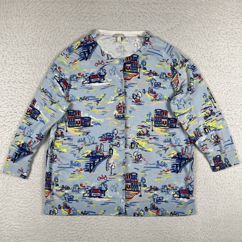 Talbots Sweater‎ Womens 1X Blue Button Up Cardigan City Scape Bikes Bicycles Top
